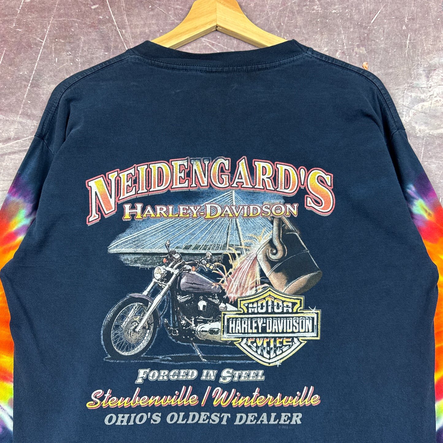90s Navy Blue Harley Davidson Tie-Dye Sleeve Shirt 3052