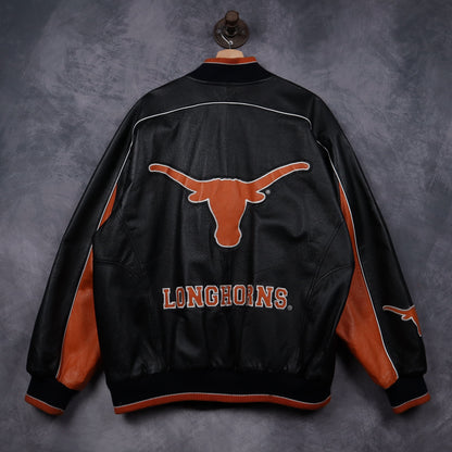 00s Black Texas Longhorns Leather Bomber Jacket 5933