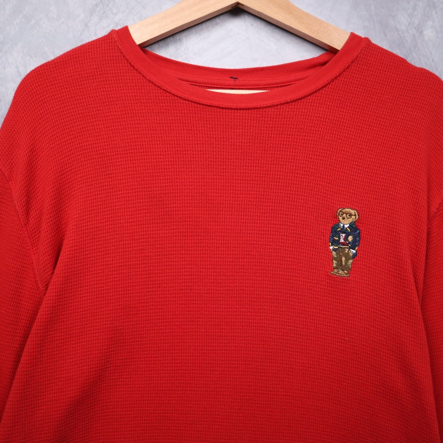 00s Red Polo Ralph Lauren Bear Waffle Knit Long Sleeve Shirt 4721