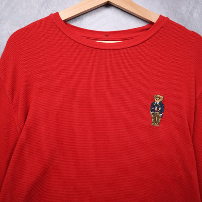 00s Red Polo Ralph Lauren Bear Waffle Knit Long Sleeve Shirt 4721