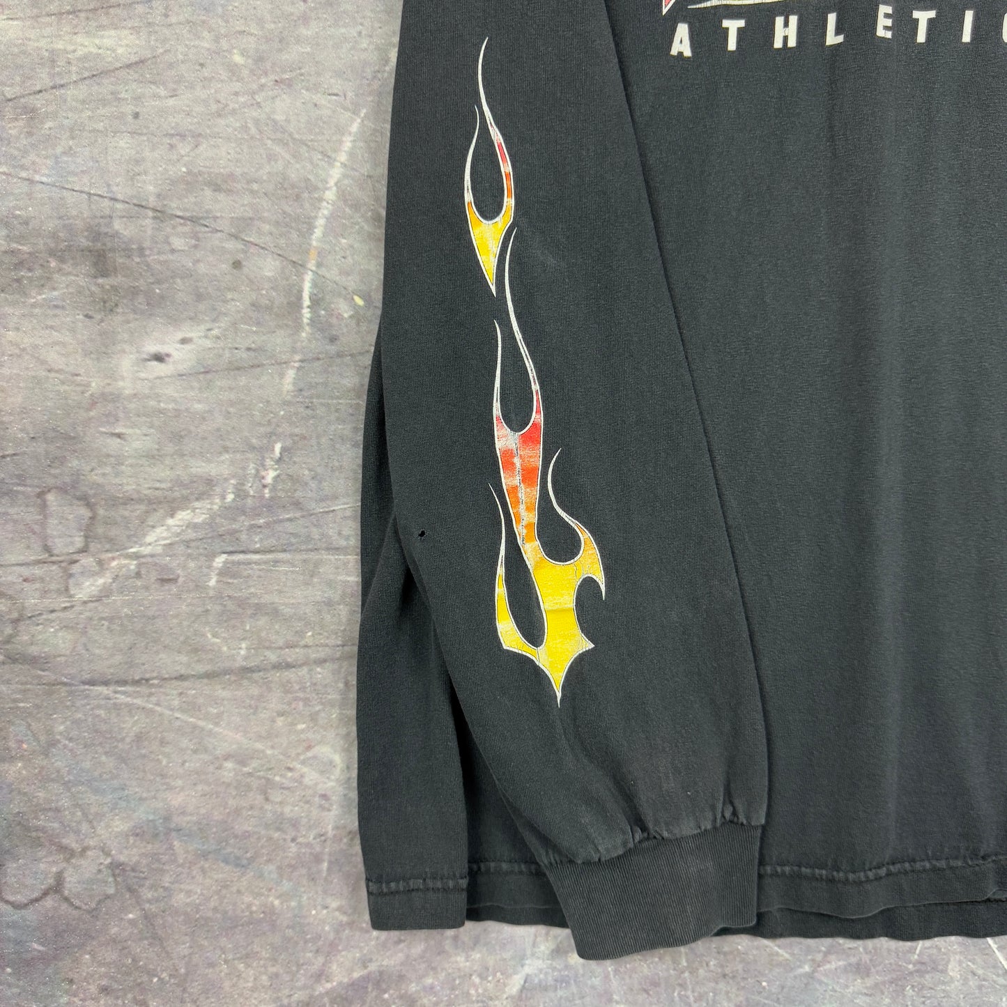 Early 00s Faded Black Punishment Athletics Flame Sleeve Long Sleeve Graphic Shirt XL 1140