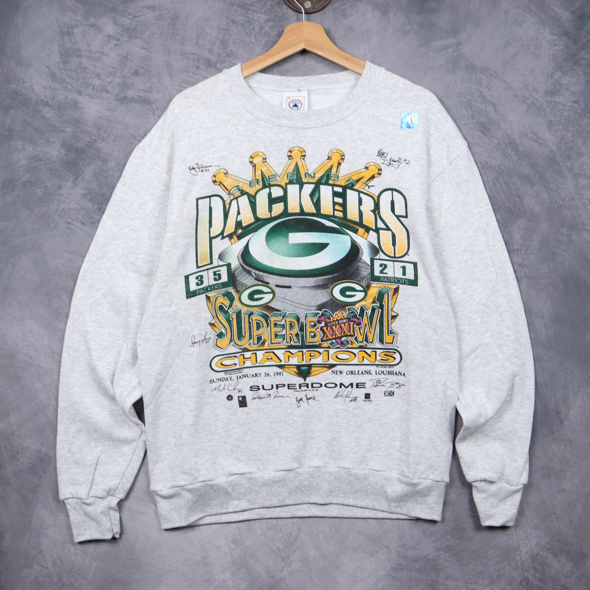 1997 Grey Green Bay Packers Super Bowl Champions Crewneck Sweatshirt 6488