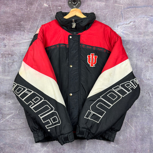 90s Black Red Indiana University Logo Sleeve Spellout Graphic Puffer Jacket XL 1891