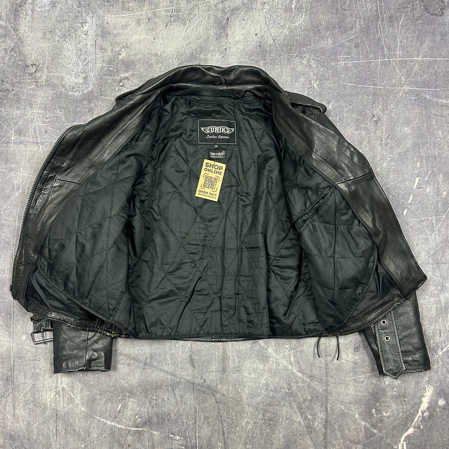 90s Black Unik Motorcyle Lined Rockabily Style Leasther Jacket M C23