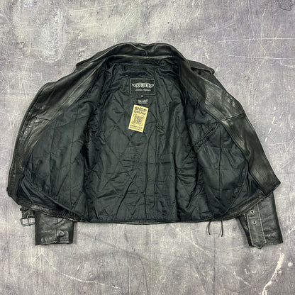 90s Black Unik Motorcyle Lined Rockabily Style Leasther Jacket M C23