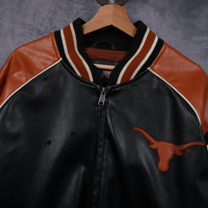 00s Black Texas Longhorns Faux Leather Varsity Jacket 5932