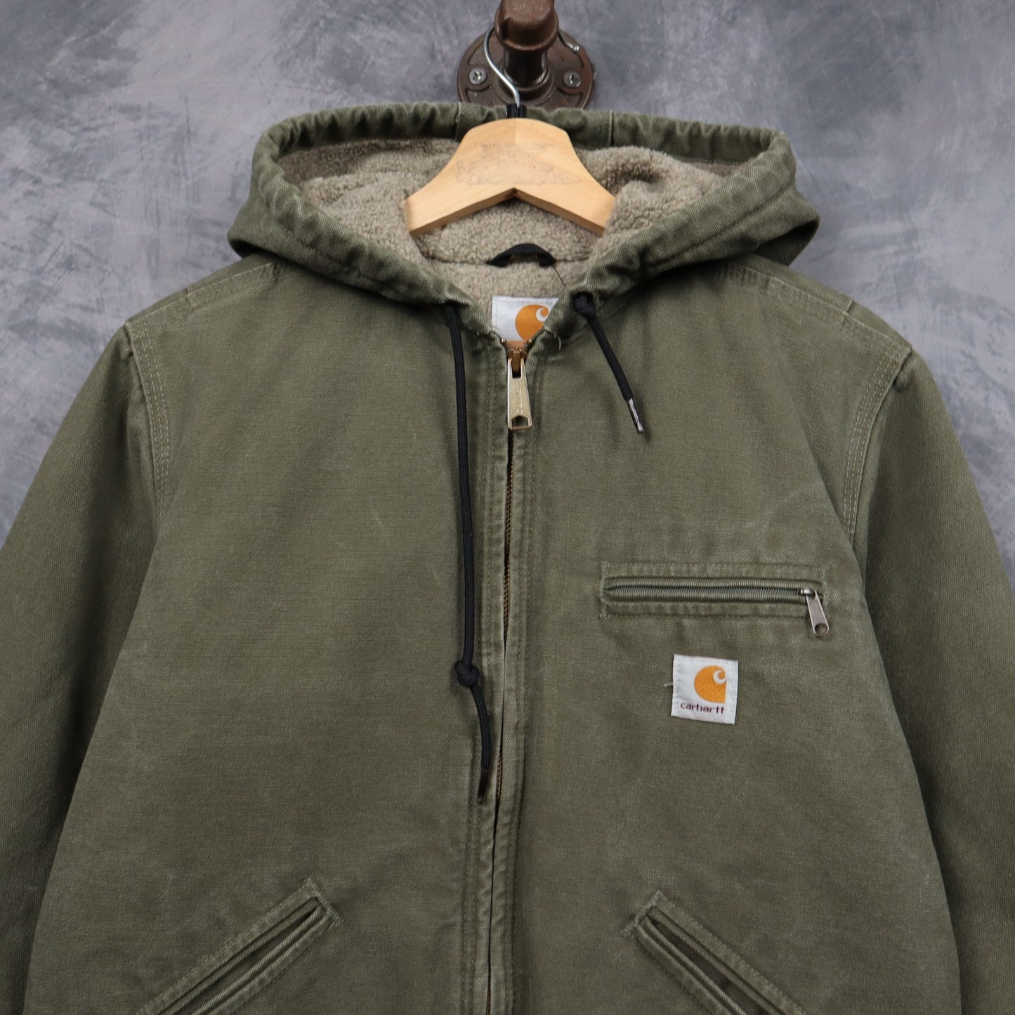00s Olive Green Carhartt Sherpa Lined Hooded Work Jacket 4796