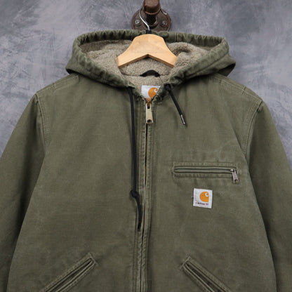 00s Olive Green Carhartt Sherpa Lined Hooded Work Jacket 4796