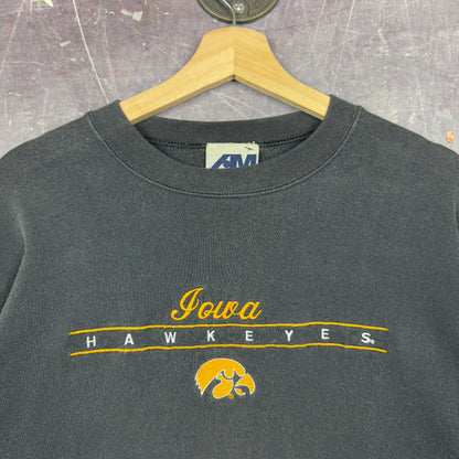 90s Faded Black Iowa Hawkeyes Embroidered Graphic Crewneck Sweatshirt M 1258