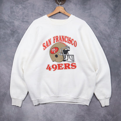 90s White San Francisco 49ers Helmet Crewneck Sweatshirt 6487