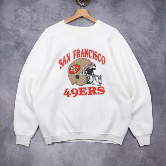 90s White San Francisco 49ers Helmet Crewneck Sweatshirt 6487