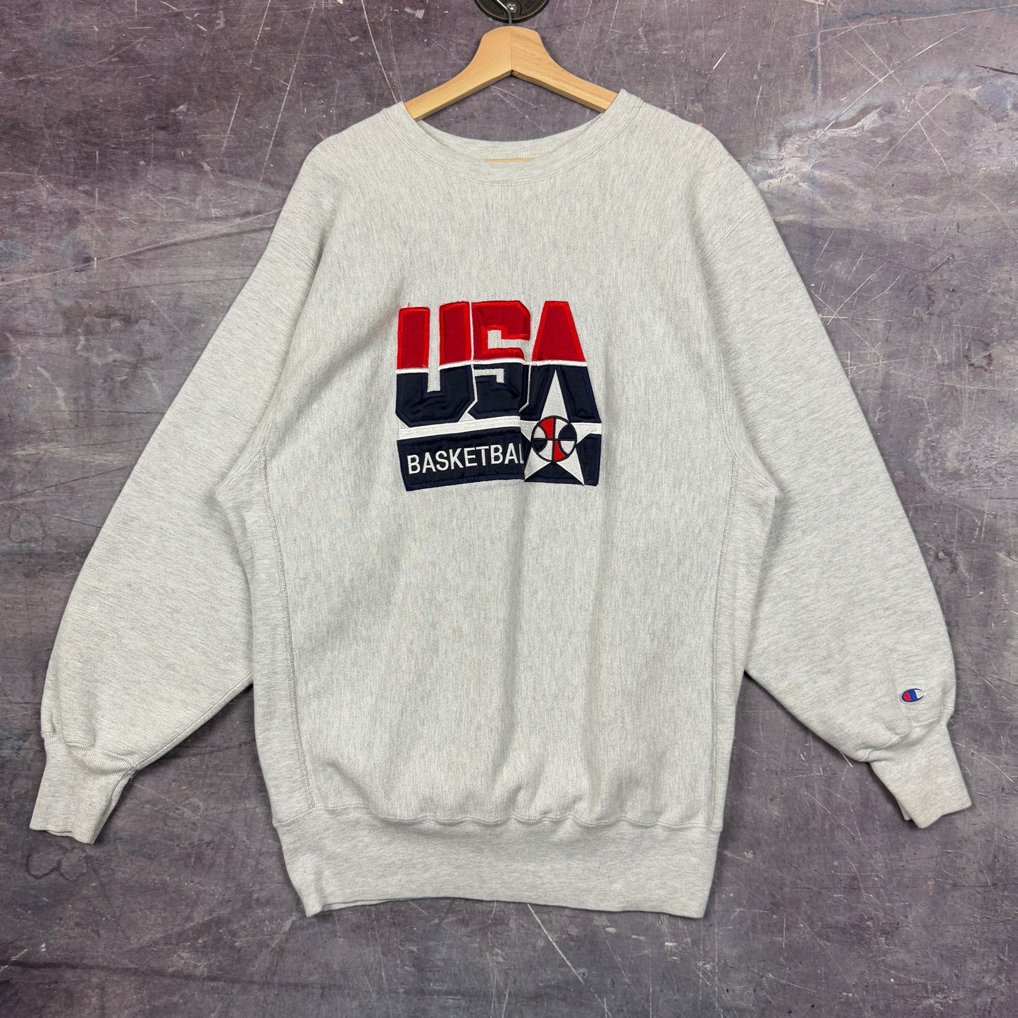 90s Light Gray Champion Reverse Weave USA Basketball Graphic Crewneck Sweatshirt L 1192