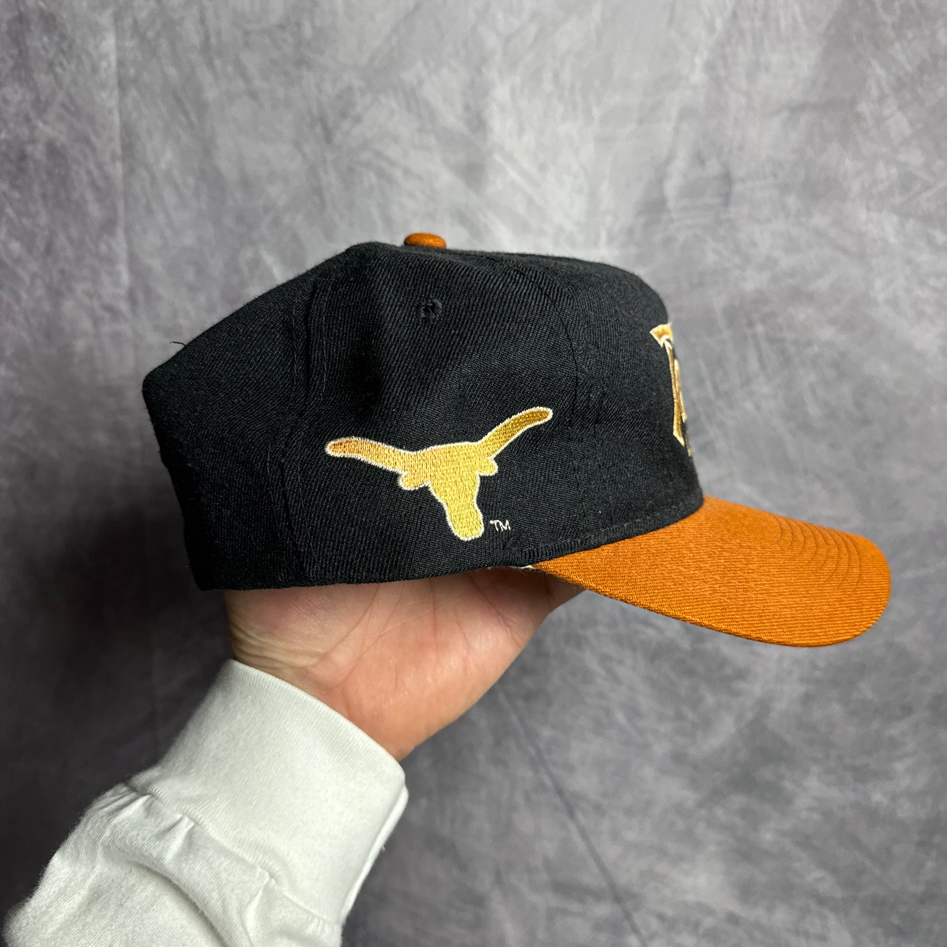 90s Texas Longhorns Sports Specialties Double Line Script Snapback Hat 4634