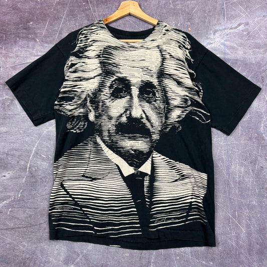 90s Black Albert Einstein All Over Print Graphic Shirt L 0854