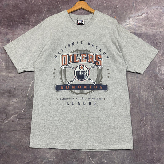 Early 00s Light Gray Edmonton Oilers Canadian Hockey NHL Graphic Shirt L 1136