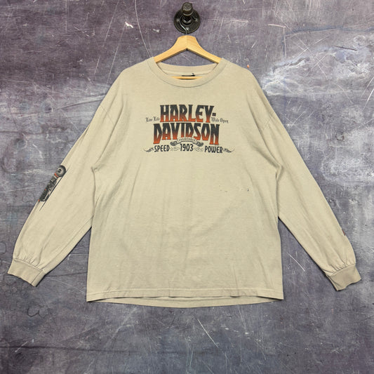 00s Tan Brown Harley Davidson Motorcycle Graphic Long Sleeve Shirt XL 1054