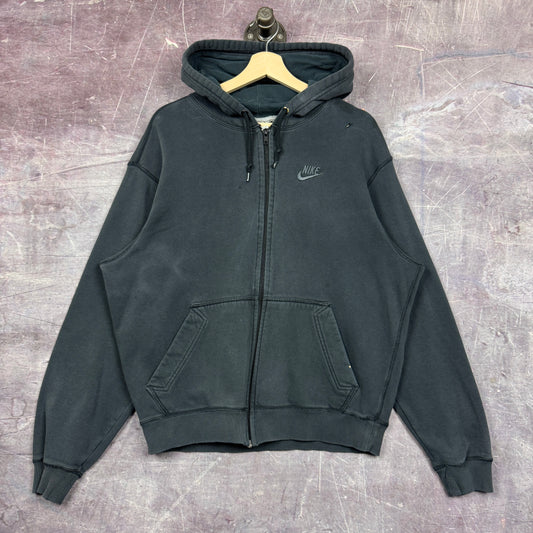 Early 00s Faded Black Nike Essential Tonal Logo Zip Up Hoodie Boxy L 1730