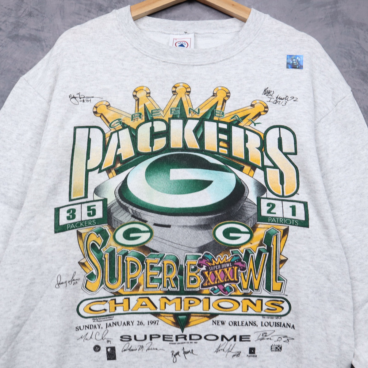 1997 Grey Green Bay Packers Super Bowl Champions Crewneck Sweatshirt 6488