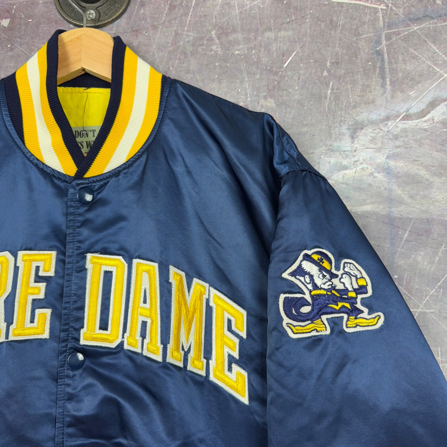 90s Blue Yellow Notre Dame Satin Start Bomber Jacket XL 1282