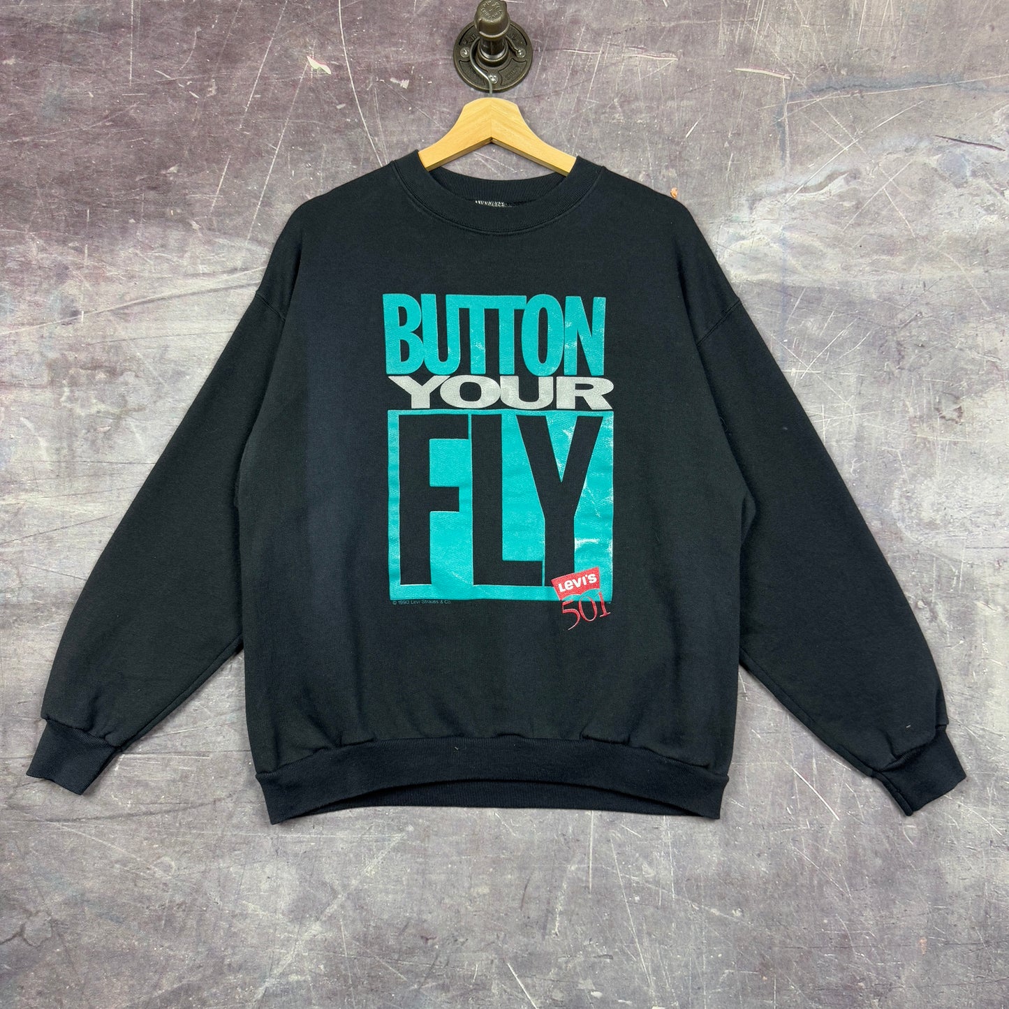 1990 Faded Black Levi's 501 Button Your Fly Graphic Crewneck Sweatshirt M 1254