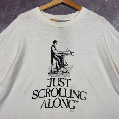 90s White Just Scrolling Away Graphic Sewing Machine Art Graphic Shirt XL 1033