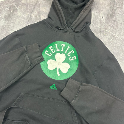 00s Faded Black Adidas Center Logo Boston Celtics Graphic Hoodie L AO10