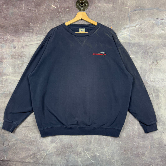 90s Faded Navy Blue Greenwood Race Track Logo Crewneck Sweatshirt XL 1252