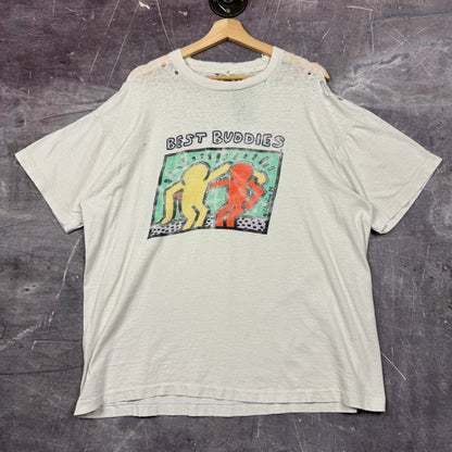 1989 White Thrashed Keith Haring Best Buddies Graphic Shirt XL 0850