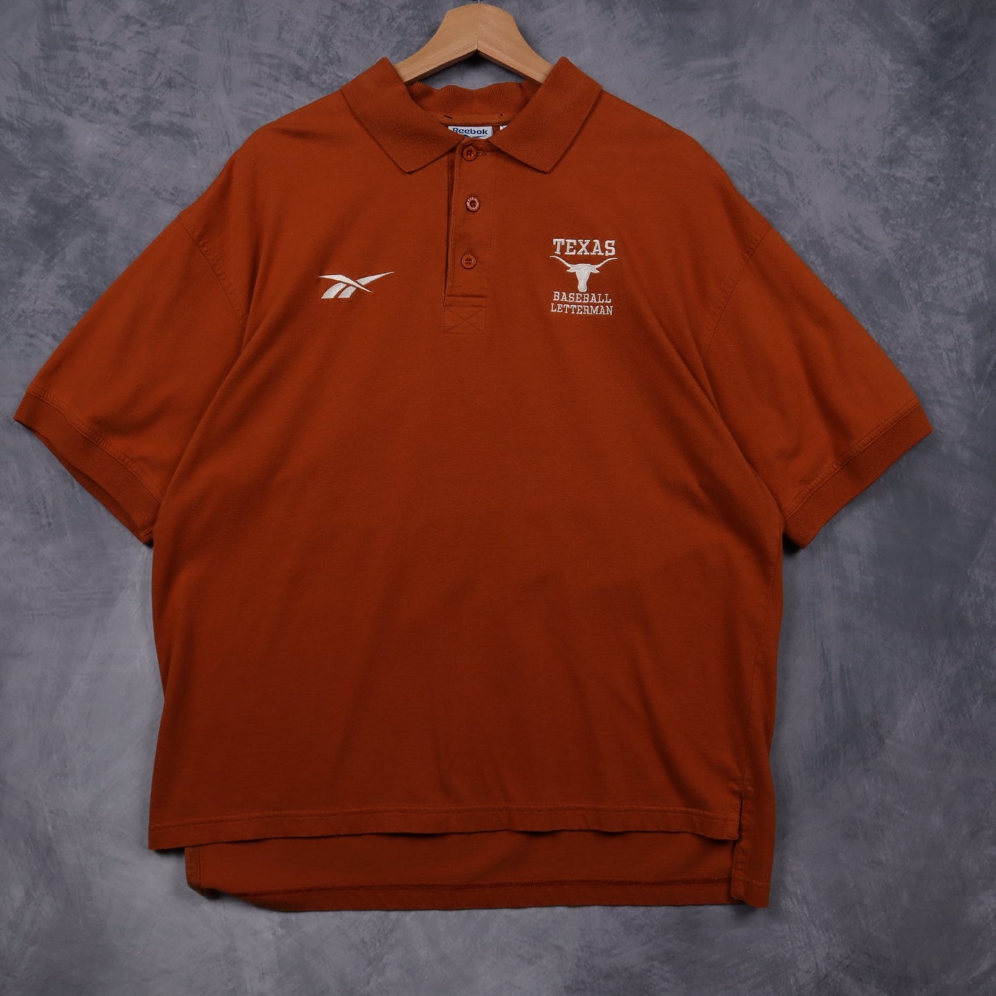 90s Burnt Orange Texas Longhorns Baseball Letterman Reebok Polo Shirt 5892