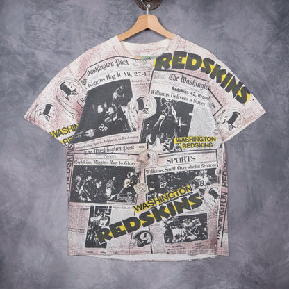 90s White Washington Redskins Newspaper All Over Print Shirt 6559