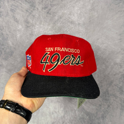 90s Red San Francisco 49ers Sports Specialties Script Snapback Hat 6800