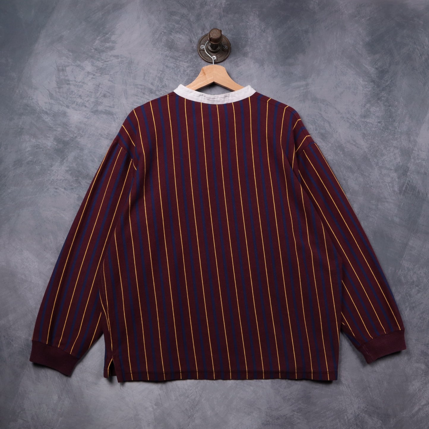 90s Burgundy Polo Ralph Lauren Striped Lion Crest Henley Long Sleeve 5425