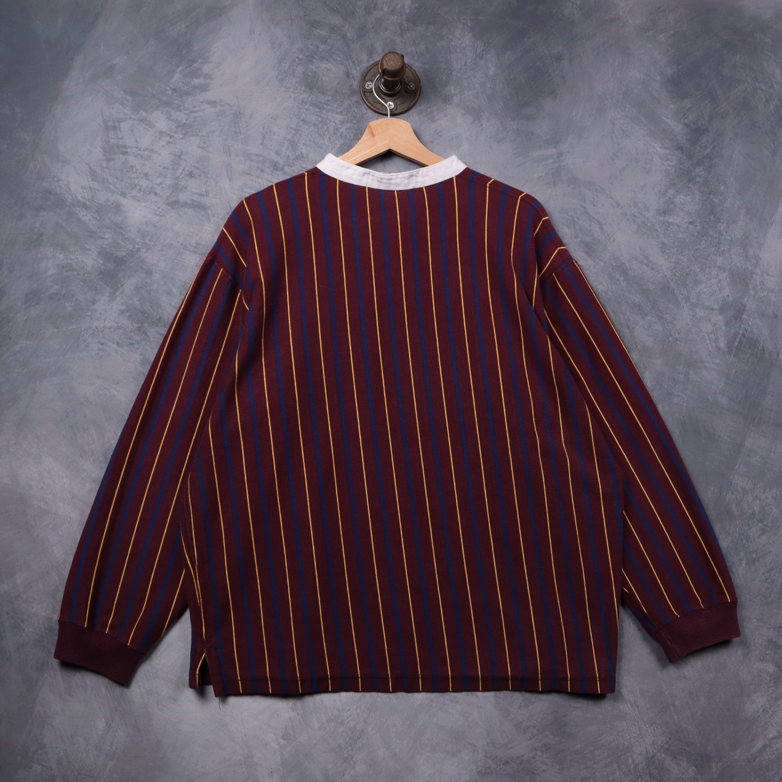 90s Burgundy Polo Ralph Lauren Striped Lion Crest Henley Long Sleeve 5425