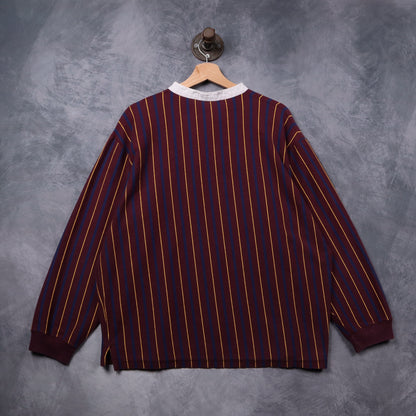 90s Burgundy Polo Ralph Lauren Striped Lion Crest Henley Long Sleeve 5425