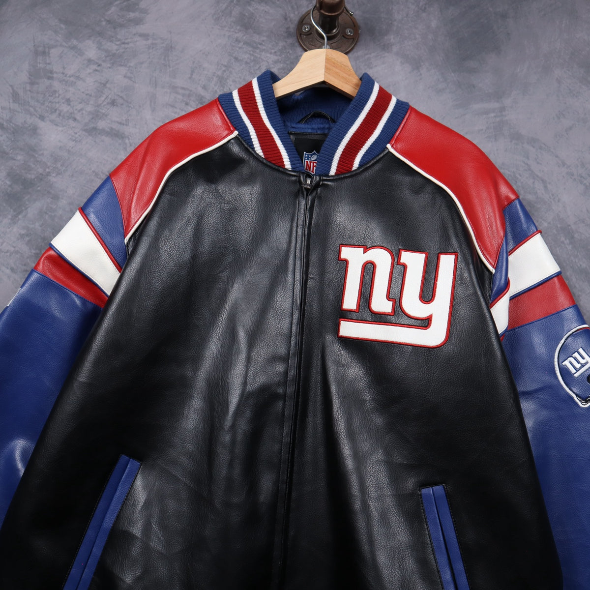 00s Black New York Giants Faux Leather Varsity Jacket 6507