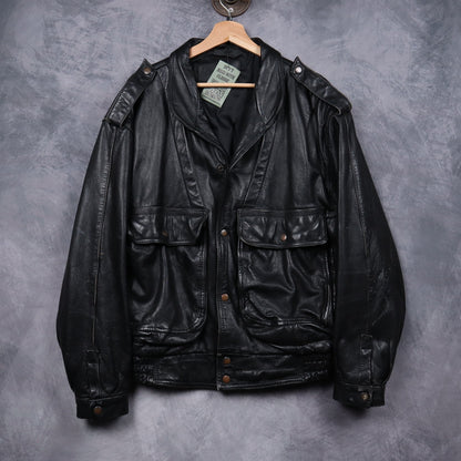 90s Black Leather Bomber Jacket 5099