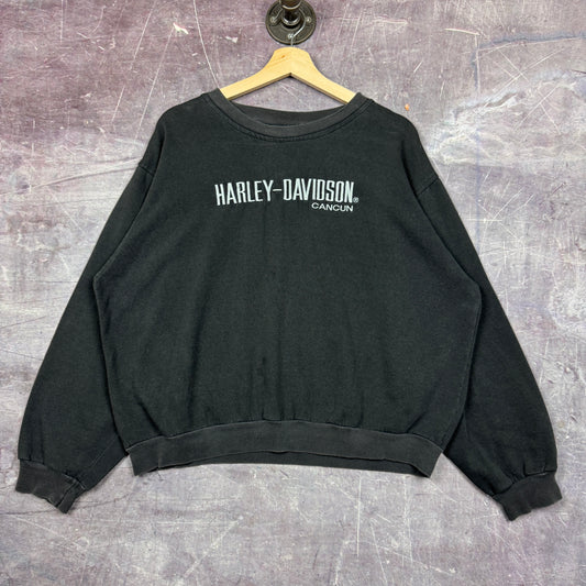 90s Faded Black Harley Davidson Cancun Spellout Embroidered Crewneck Sweatshirt L 1718