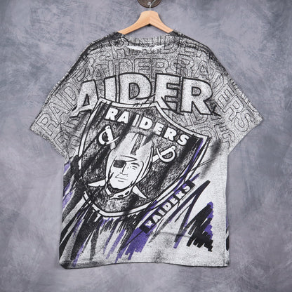 90s Black and White Raiders All Over Print Shirt 6556