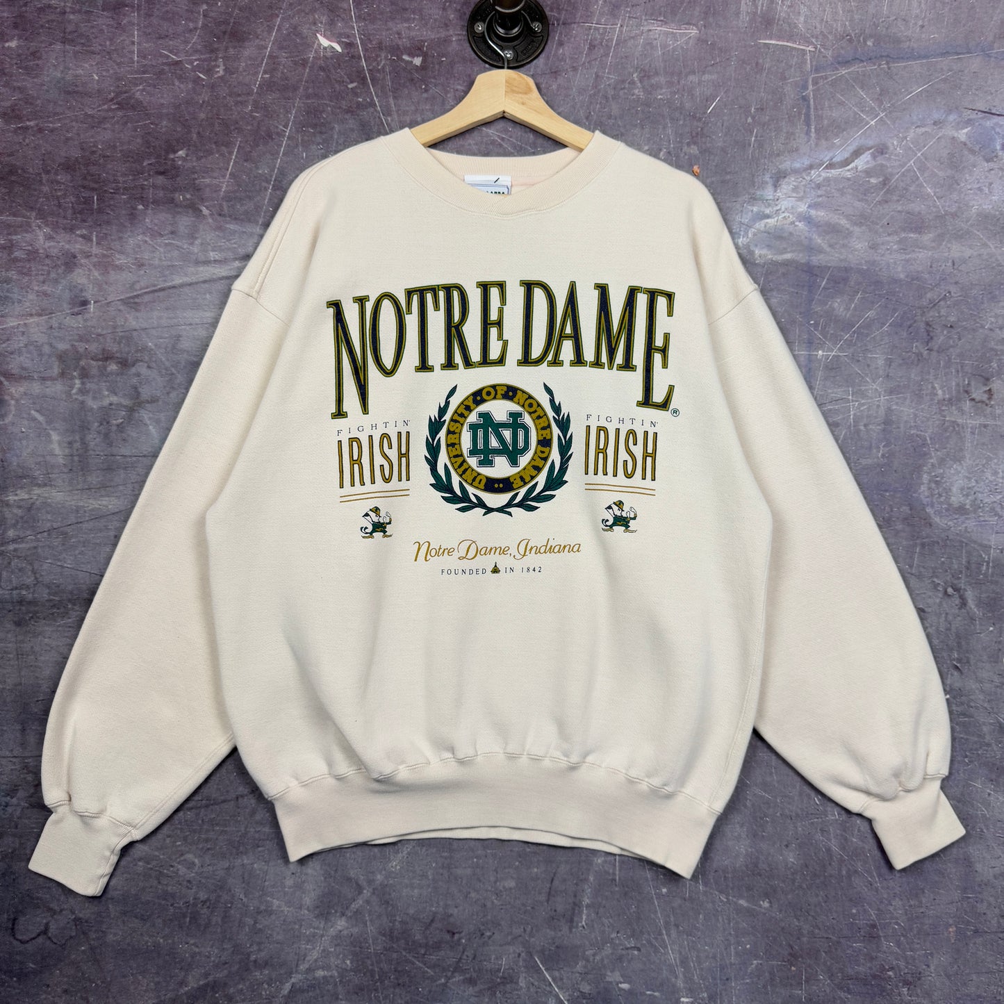 90s Cream Notre Dame Irish Graphic Crewneck Sweatshirt L 1286