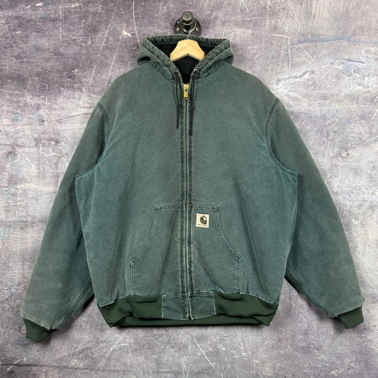 90s Faded Hunter Green Carhartt Quilt Lined Hooded Active Work Jacket J68 HTG XL 0266