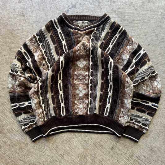 90s Tan Brown Earth Tone 3D Knit Coogi Style Le Tigre Sweater M 0605