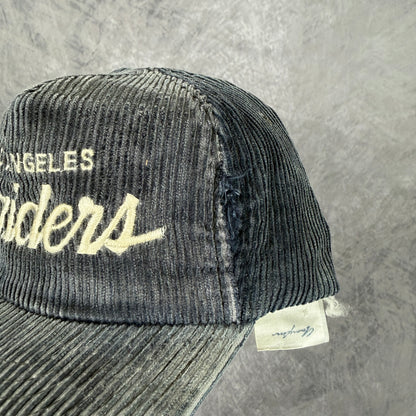 90s Faded Black Los Angeles Raiders Sports Specialties Corduroy Script Strap Hat 6797