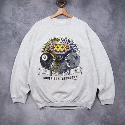 1996 Grey Super Bowl XXX Showdown Steelers vs Cowboys Crewneck Sweatshirt 6461