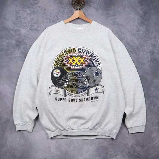 1996 Grey Super Bowl XXX Showdown Steelers vs Cowboys Crewneck Sweatshirt 6461