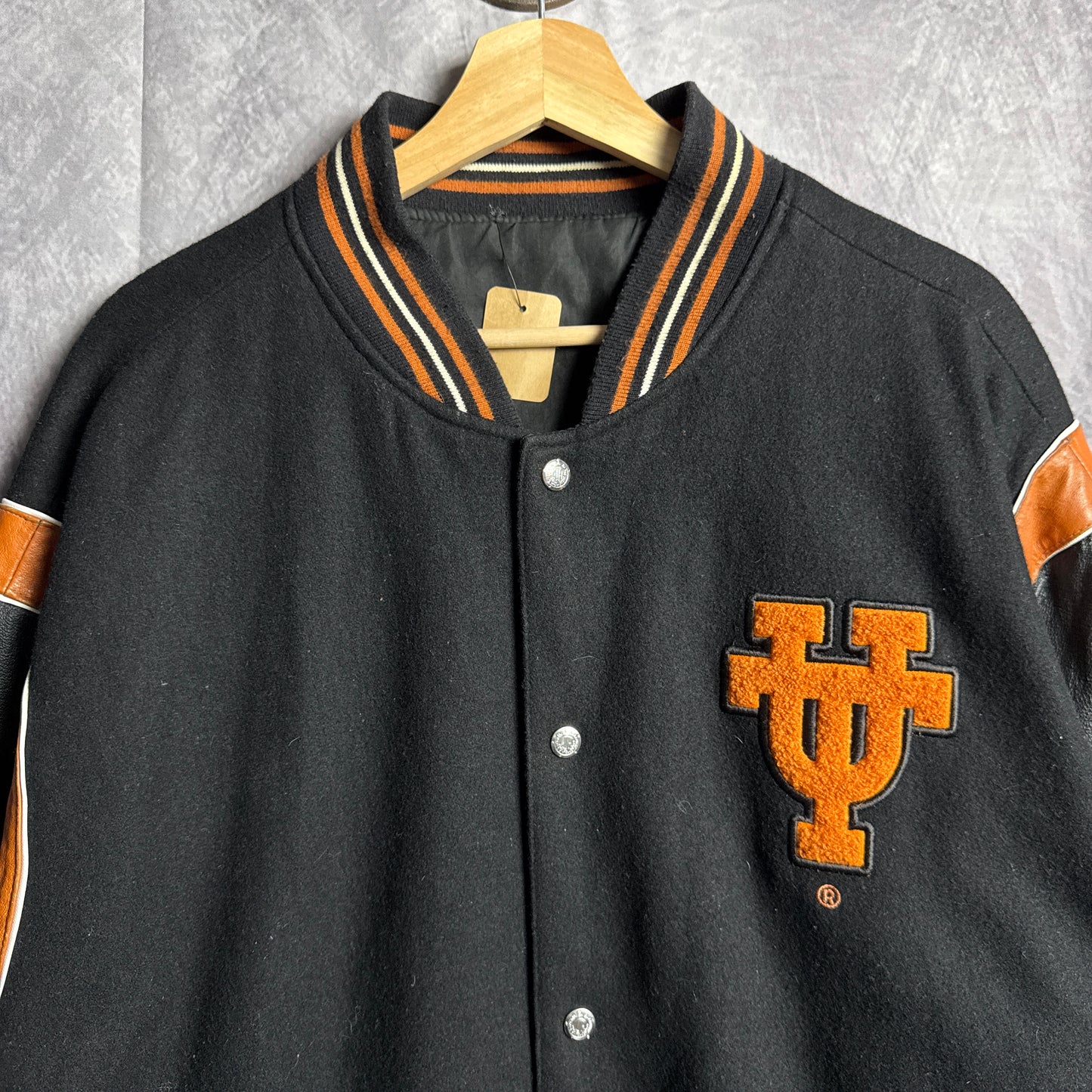 90s Black Jeff Hamilton Texas Longhorns Reversible Varsity Jacket 4455
