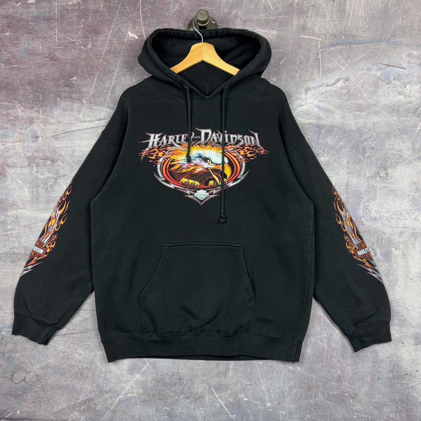 Early 00s Black Portland Maine Harley Davidson Motorcycle Flame Sleeve Eagle Graphic Hoodie L 1267