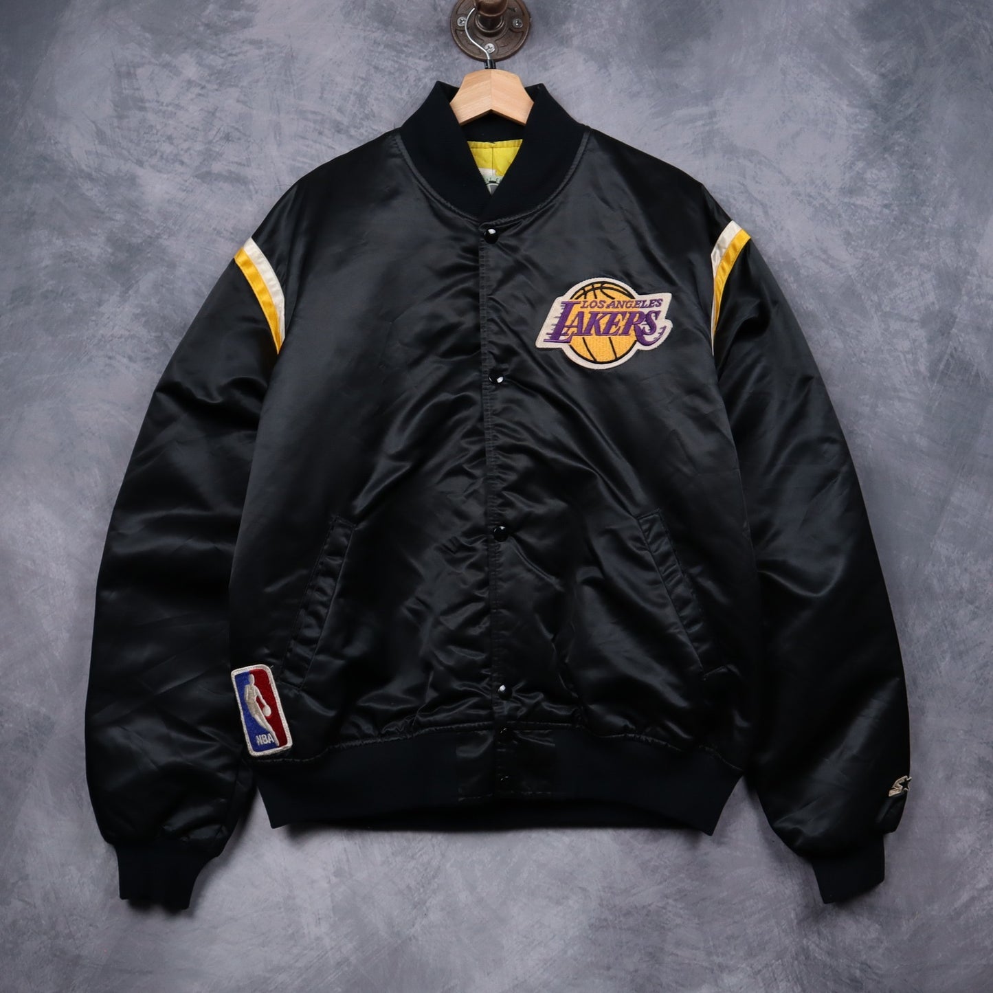 90s Black Los Angeles Lakers Starter Satin Bomber Jacket 5092