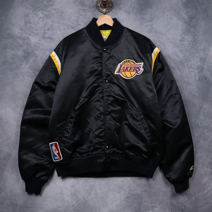 90s Black Los Angeles Lakers Starter Satin Bomber Jacket 5092