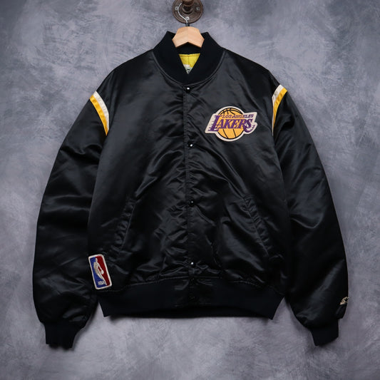 90s Black Los Angeles Lakers Starter Satin Bomber Jacket 5092