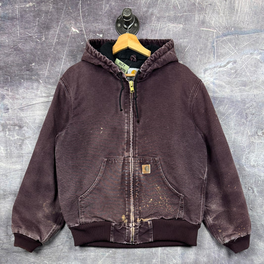 Early 00s Faded Maroon Carhartt Quilt Lined Hooded Active Work Jacket J130 DWN M 0260